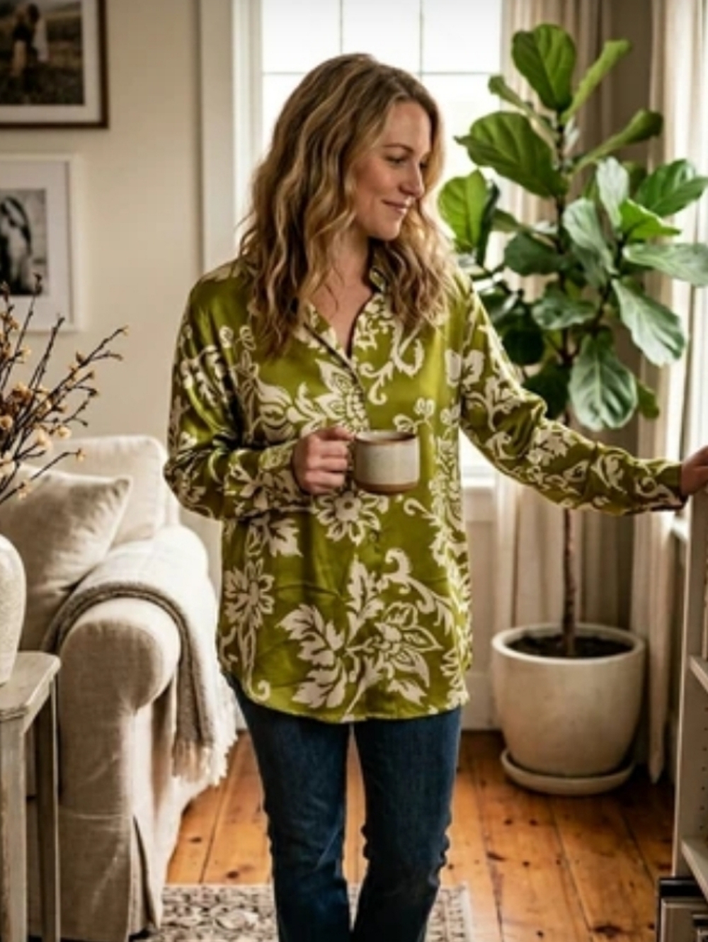 Haver London Satin Olive Green And Cream Abstract Floral Button-Front Shirt